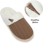 Knitted waterproof women’s slippers with faux fur lining and horn button, side view.