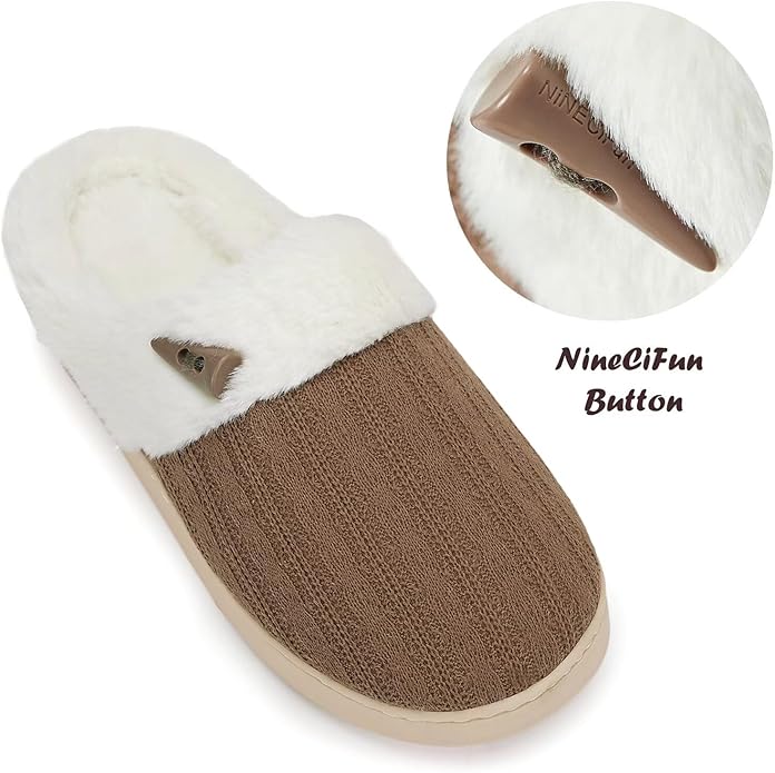 Knitted waterproof women’s slippers with faux fur lining and horn button, side view.