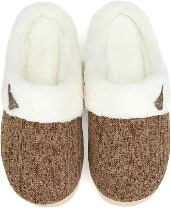 Woman wearing open-back slippers, showing easy pull-on style and cozy fit.