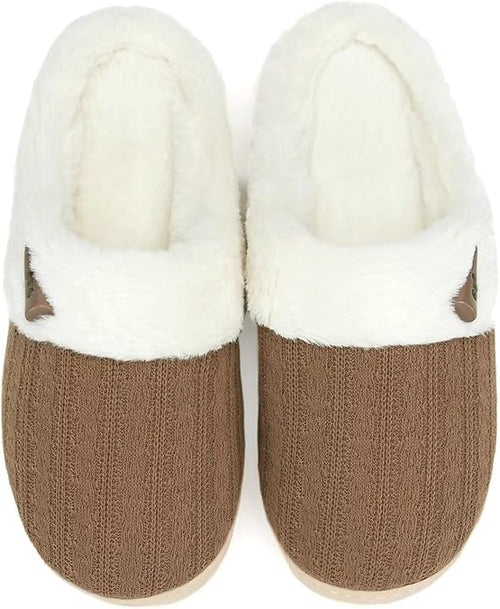 Woman wearing open-back slippers, showing easy pull-on style and cozy fit.